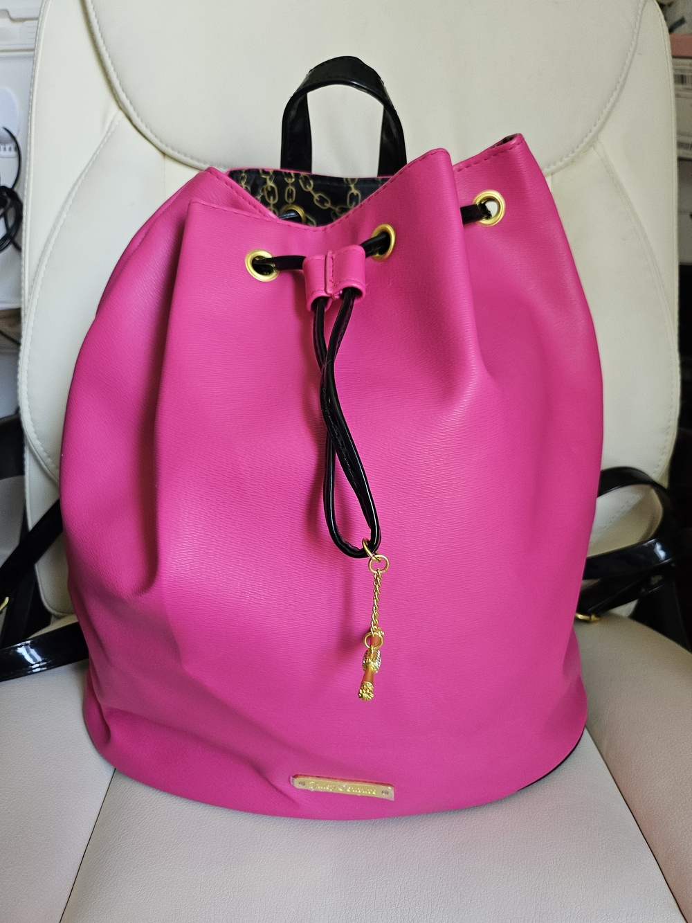 Juicy Couture Hot Pink Drawstring Backpack with Gold Accents